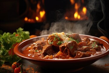 In this visually appealing shot, a steaming ladleful of goulash is captured midair, creating a sense of motion and anticipation. The chunks of beef, bathed in a rich tomatobased sauce, seem