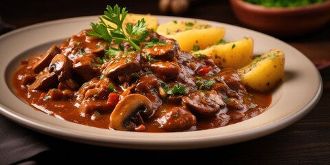A tantalizing shot captures the vibrant colors and textures of this classic goulash dish. Bitesized pieces of succulent meat are submerged in a thick, hearty gravy, accompanied by soft potatoes
