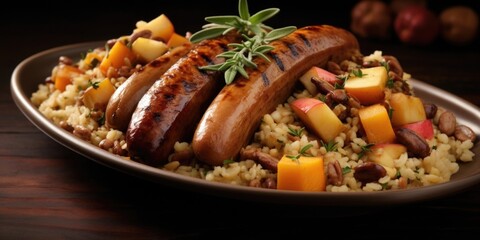 A celebration of autumn flavors takes shape, featuring a bratwurst nestled a a bed of roasted ernut squash, sweet caramelized apples, and hearty grains, all artfully arranged to showcase