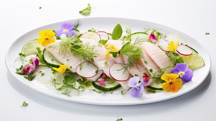 This visually appealing image showcases a glutenfree and refreshing take on ceviche, featuring delicate slices of cucumber as the base, topped with generous portions of marinated white fish,