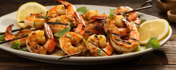An inviting image showcasing a platter filled with grilled shrimp skewers, each one meticulously threaded with succulent jumbo shrimp, marinated in a tangy citrus and herb marinade, arousing