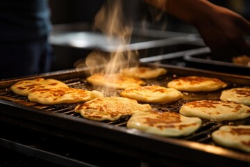 A shot captures the moment when the chef skillfully flips a pupusa on a sizzling hot griddle, resulting in a perfectly cooked delicacy, with its edges crisped to perfection and a tantalizing