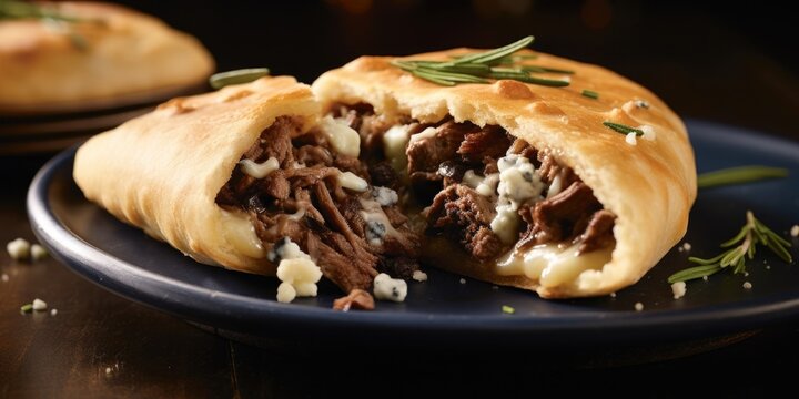 A tantalizing aroma wafts through the air as the folded calzone reveals a mouthwatering combination of grilled, thinly sliced steak, caramelized onions, and velvety Gorgonzola cheese, all