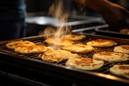 A shot captures the moment when the chef skillfully flips a pupusa on a sizzling hot griddle, resulting in a perfectly cooked delicacy, with its edges crisped to perfection and a tantalizing