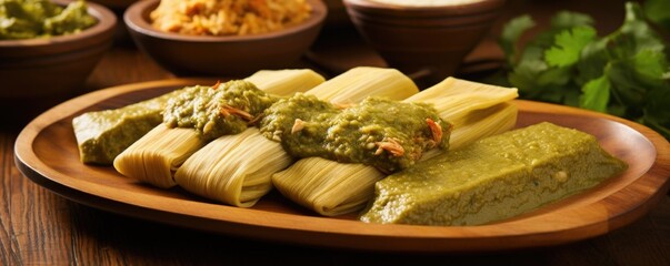 A tantalizing arrangement of tamales, a traditional Colombian dish made from a mixture of cornmeal and seasoned meat, wrapped in a banana leaf and steamed until soft and fragrant, presenting