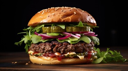This food shot captures the essence of a plantbased burger that effortlessly emulates the taste and...
