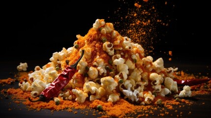 This artistic capture displays popcorn coated in a global fusion of es, featuring a combination of aromatic Indian curry powder, fiery Mexican chili, and fragrant Chinese fivee, creating - obrazy, fototapety, plakaty