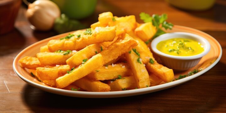 A mountainous pile of golden, crispy, deepfried yuca fries accompanied by a colorful side of vibrant yellow aji amarillo dipping sauce, offering a delightful combination of crunchiness and