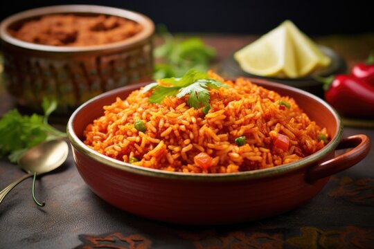 This hearty dish features a steaming bowl of jollof rice, cooked to perfection with a rich tomatobased sauce and infused with flavors of garlic, onion, and fiery African chili peppers.