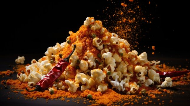 This artistic capture displays popcorn coated in a global fusion of es, featuring a combination of aromatic Indian curry powder, fiery Mexican chili, and fragrant Chinese fivee, creating