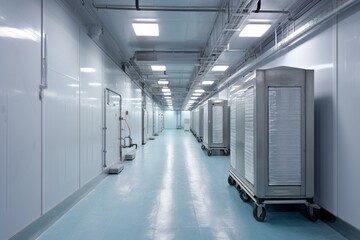 Cold warehouse with racks, shelves, walls, and floor. Restaurant refrigeration room. Generative AI