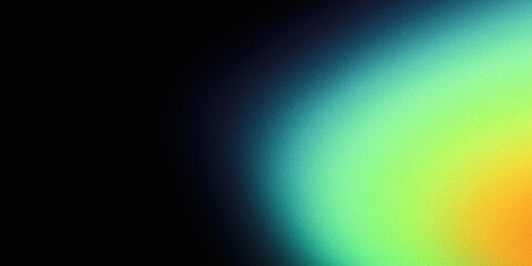 Abstract green orange black color gradient background, blurry shape on black, grainy texture, copy space