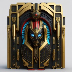 Hires sci-fi fantasy space concept door metal gold with shield and hydraulic system