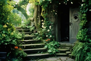 Doorway, stairs, outdoor, vegetation, garden, plants, backyard. Generative AI