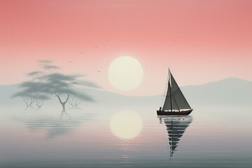 Painted scene of a boat sailing in tranquil waters. Generative AI