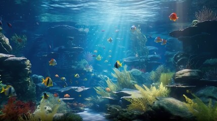 Naklejka na ściany i meble Underwater world with corals and tropical fish. Underwater world