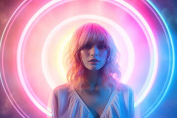 A beautiful blond young female woman with circular glowing dramatic lights on the background. Magazine advertisement. Generative AI.