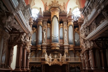 An impressive pipe organ, featuring elaborate pipes and a beautiful wooden case. Generative AI - obrazy, fototapety, plakaty