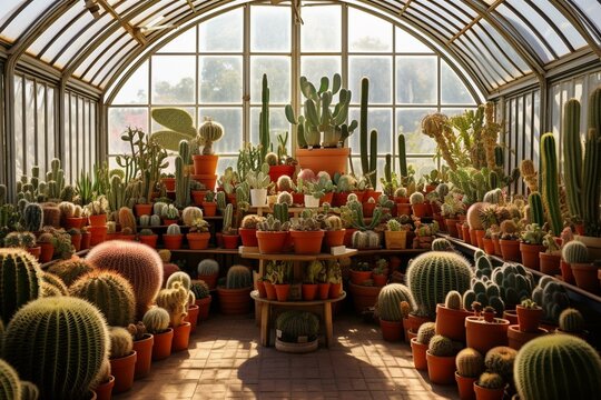 An image of a greenhouse displaying various types of cacti. Generative AI