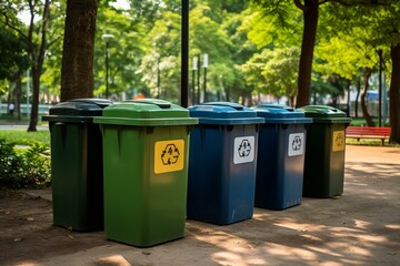 A view of multiple recycle bins in a clean park. Generative AI
