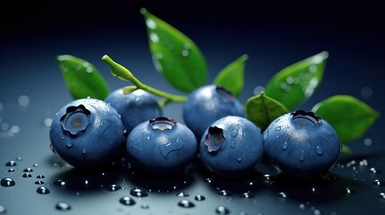 Fresh blueberries with green leaves, close up. Blueberry background