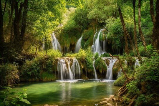 Beautiful waterfall surrounded by trees and nature. Generative AI