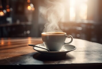 Cup of steaming coffee on a table in the sun - obrazy, fototapety, plakaty