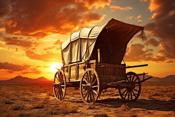 Deserted covered wagon at sunset, old prairie schooner against a beautiful sunset background. Generative AI - obrazy, fototapety, plakaty