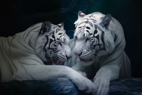 A picture of white tigers with shadows. Generative AI