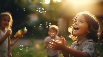 Group of Kids blowing confetti and soap bubble with sunset vibe background.