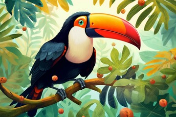 Curious toucan discovering fruity branch. Generative AI