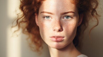 Closed up of beautiful young model face with nude make up on skin. - obrazy, fototapety, plakaty