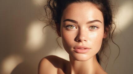 Closed up of beautiful young model face with nude make up on skin.