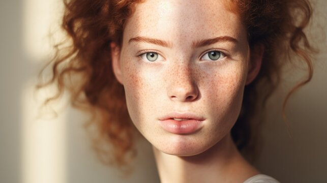 Closed up of beautiful young model face with nude make up on skin.