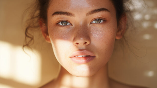 Closed up of beautiful young model face with nude make up on skin.