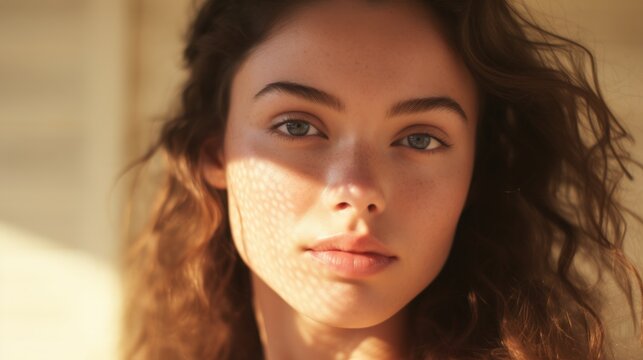 Closed up of beautiful young model face with nude make up on skin.