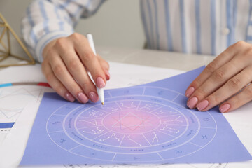 Astrologer using zodiac wheel for fate forecast at table, closeup. Fortune telling