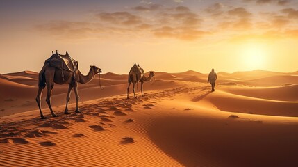 Camels in the Sahara desert at sunset - obrazy, fototapety, plakaty