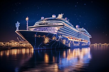 A cruise ship beautifully decorated for the festive season. Generative AI - obrazy, fototapety, plakaty
