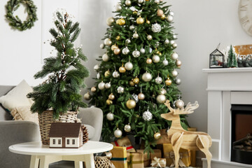 Fototapeta na wymiar Small fir tree on table in living room with Christmas tree, closeup