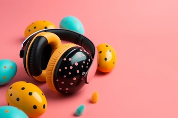 Vibrant eggs with earmuffs and copy space, polka dot Easter eggs wearing hats and headphones. Generative AI - obrazy, fototapety, plakaty