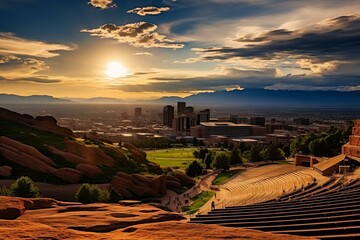 A wide view of Denver, Colorado skyline captured from Red Rocks Amphitheatre. Generative AI - obrazy, fototapety, plakaty