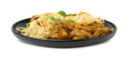 Delicious pasta and chicken with curry sauce isolated on white