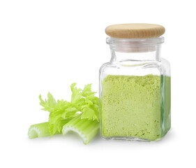 Glass jar of celery powder and fresh cut stalk isolated on white