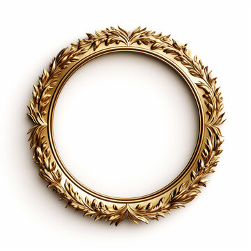an oval, gold ornate frame on a white background