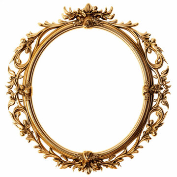 an oval, gold ornate frame on a white background