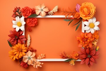 Colorful flowers arranged around an empty orange frame on an orange background. Generative AI