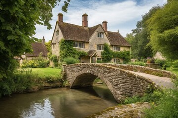 Fototapeta na wymiar picturesque village in Wiltshire with river bridge. Generative AI