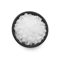 Bowl with natural sea salt isolated on white, top view