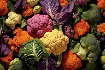 Vibrant cauliflower on lush backdrop. Overhead perspective. Generative AI - obrazy, fototapety, plakaty